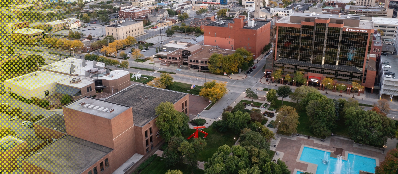 Aerial view of Arts United multi-building campus