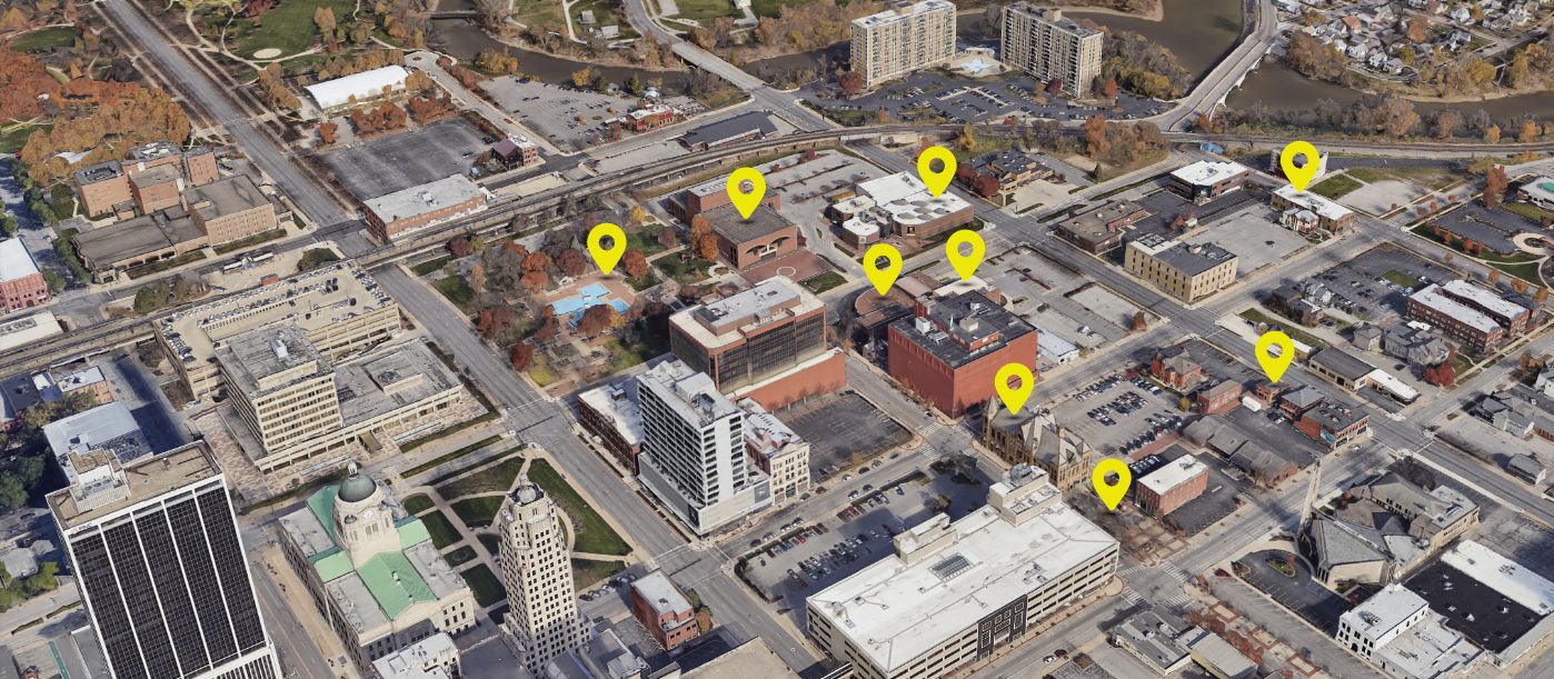 Aerial photo with map pins on all Arts Campus locations